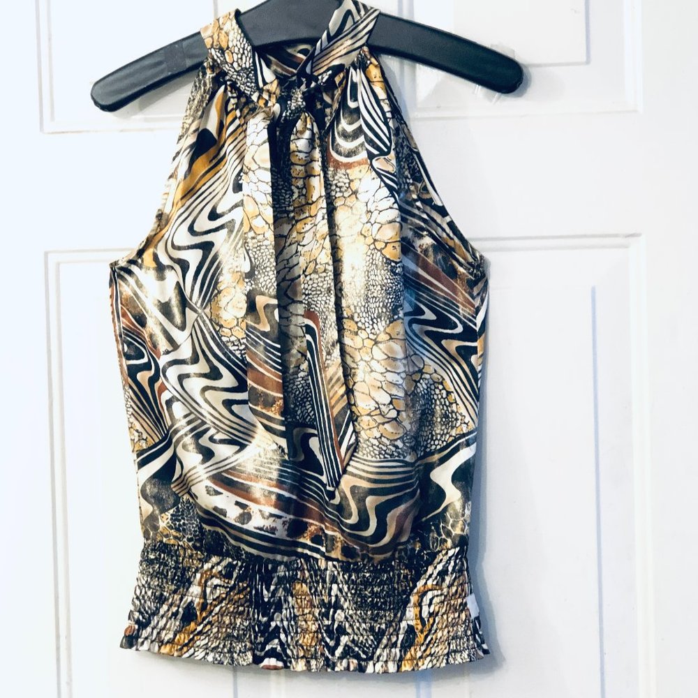 Cache  Sz S Blouse Sleeveless Halter Tie-Back Neck Elastic Bottom